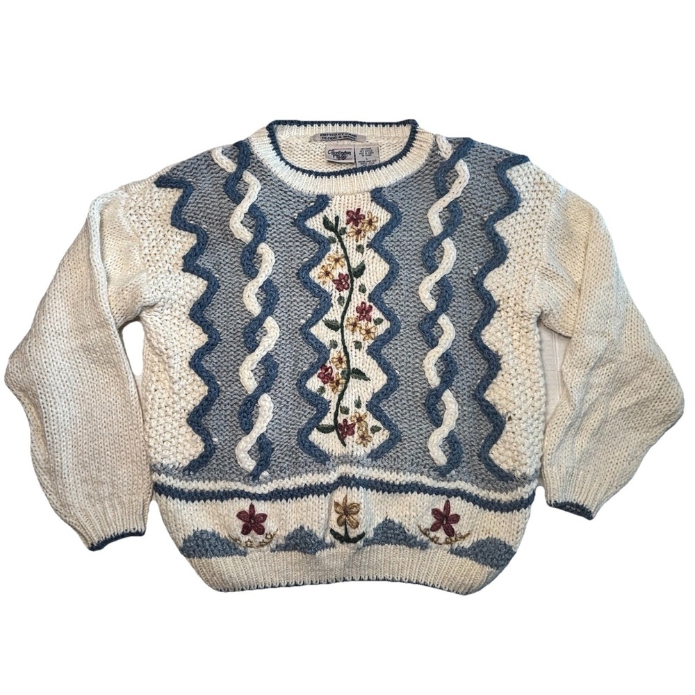VTG Huntington Ridge Hand Knit Sweater Womens Large Floral Cable Knit Cottage